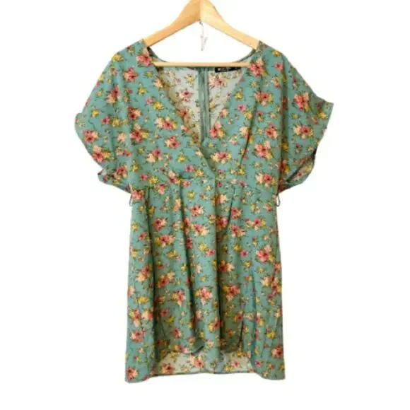 green emerald velvet dress Nasty Gal Floral Green Shirred Ruffle Smock Mini Skirt Women Size 6 Sm –  Prima Bonita main image 0